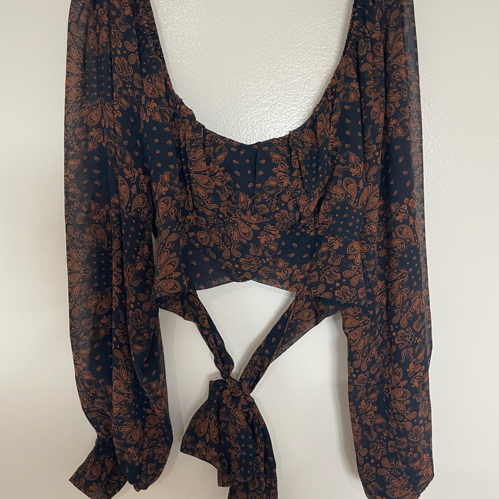 Altar'd State Blue and Brown Tie Front Blouse